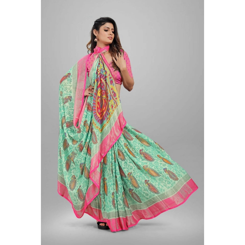 Generic Women's Viscose Rayon Printed Saree With Unstitched Blouse (Teal)