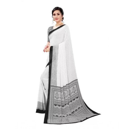 Generic Women's Georgette Printed Saree With Unstitched Blouse (Black)