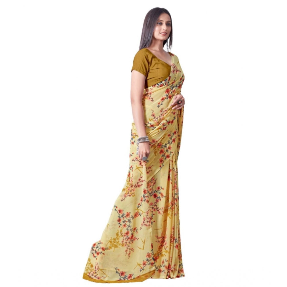 Generic Women's Georgette Printed Saree With Unstitched Blouse (Yellow)