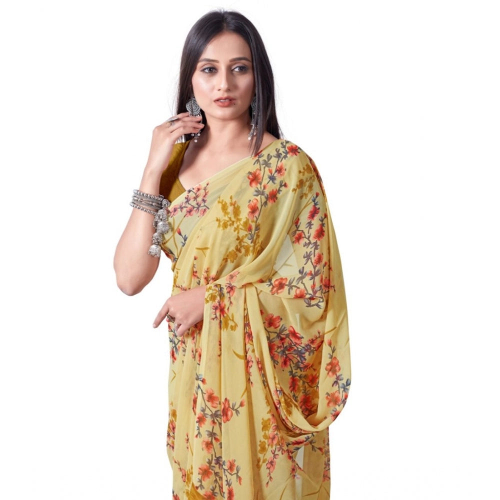 Generic Women's Georgette Printed Saree With Unstitched Blouse (Yellow)