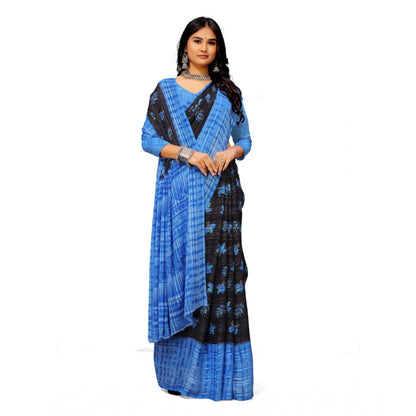 Generic Women's Georgette Printed Saree With Unstitched Blouse (Blue)