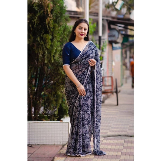 Generic Women's Georgette Printed Saree With Unstitched Blouse (Navyblue)