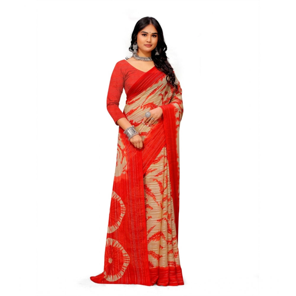 Generic Women's Georgette Printed Saree With Unstitched Blouse (Red)