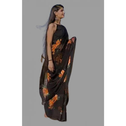 Generic Women's Satin Patta Printed Saree With Unstitched Blouse (Orange)