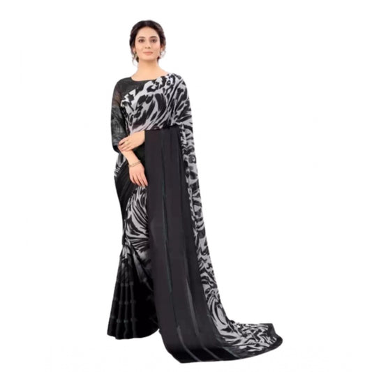 Generic Women's Satin Patta Printed Saree With Unstitched Blouse (Grey)