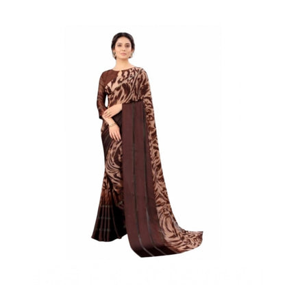 Generic Women's Satin Patta Printed Saree With Unstitched Blouse (Brown)