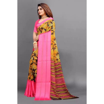 Generic Women's Satin Patta Printed Saree With Unstitched Blouse (Pink)