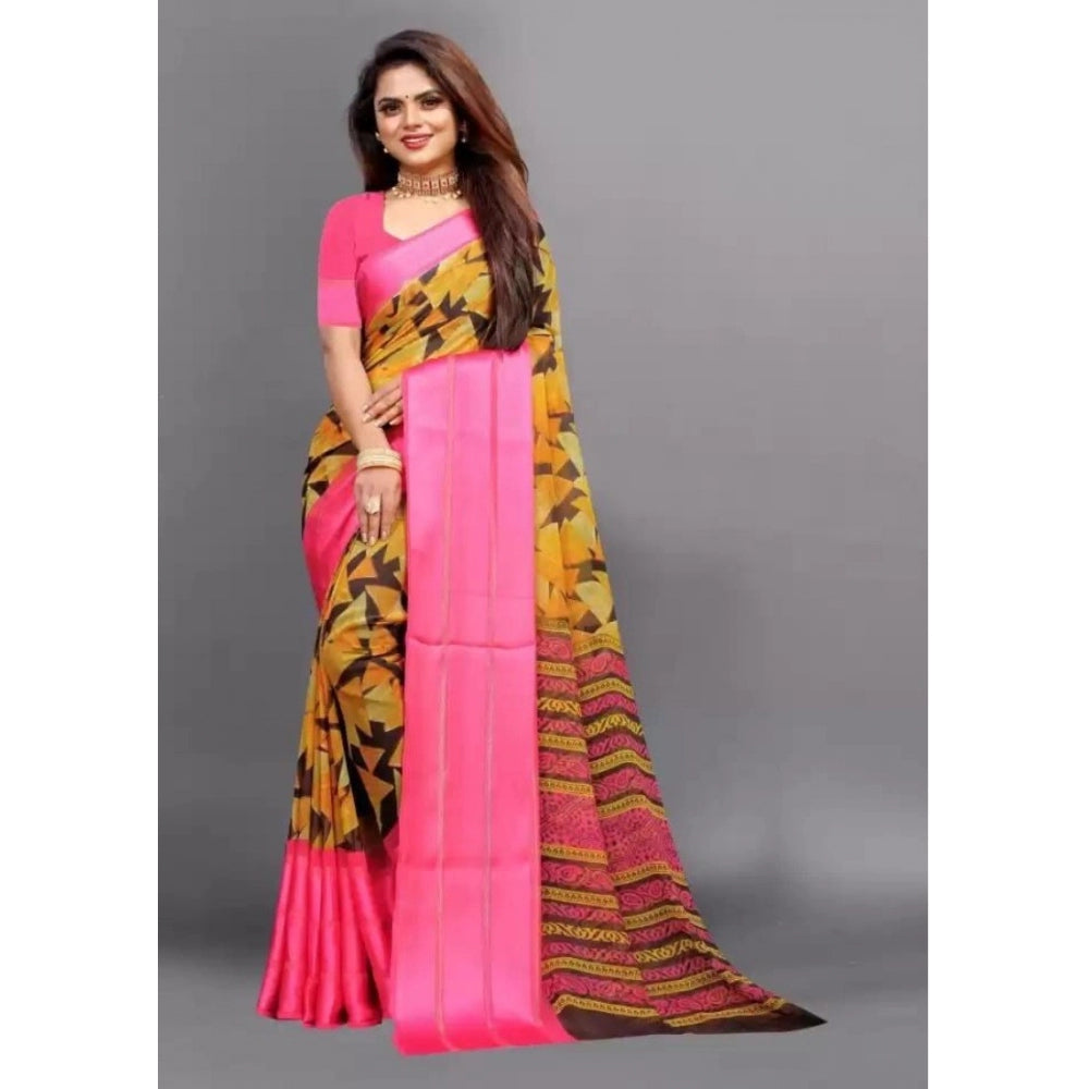 Generic Women's Satin Patta Printed Saree With Unstitched Blouse (Pink)