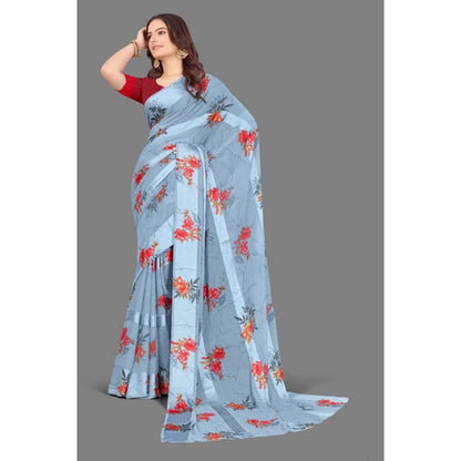 Generic Women's Satin Patta Printed Saree With Unstitched Blouse (Grey)