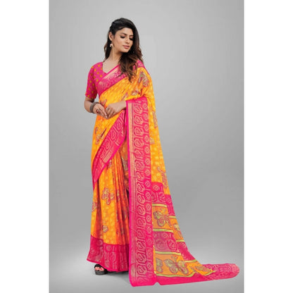 Generic Women's Viscose Rayon Printed Saree With Unstitched Blouse (Yellow)