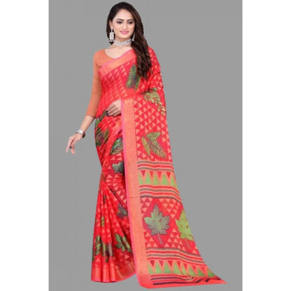 Generic Women's Viscose Rayon Printed Saree With Unstitched Blouse (Red)