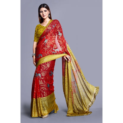 Generic Women's Viscose Rayon Printed Saree With Unstitched Blouse (Red)