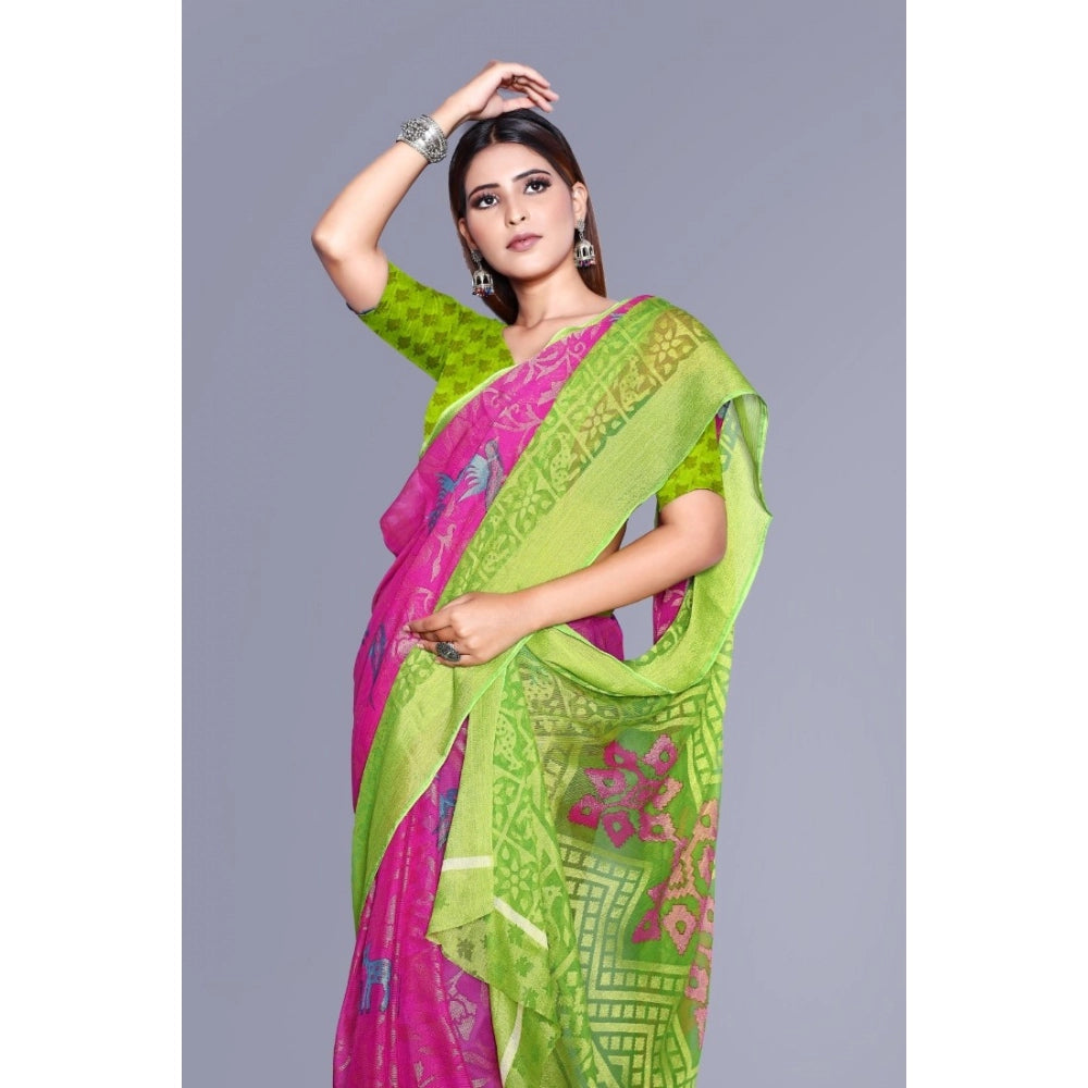 Generic Women's Viscose Rayon Printed Saree With Unstitched Blouse (Pink)