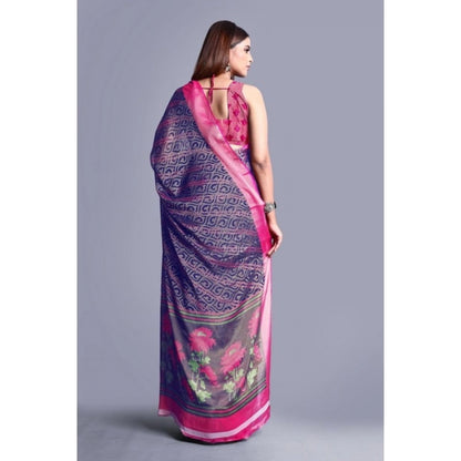 Generic Women's Viscose Rayon Printed Saree With Unstitched Blouse (Navy Blue)