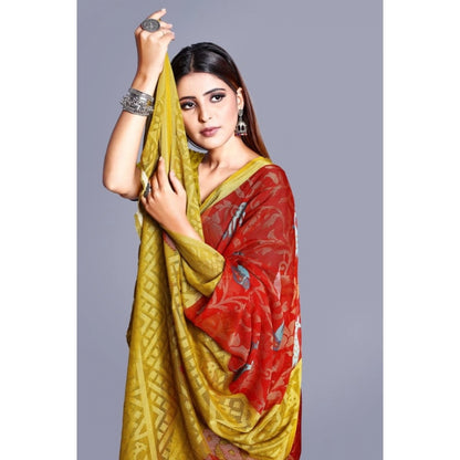 Generic Women's Viscose Rayon Printed Saree With Unstitched Blouse (Red)