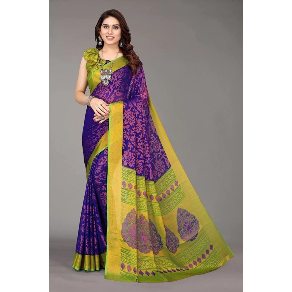 Generic Women's Viscose Rayon Printed Saree With Unstitched Blouse (Blue)