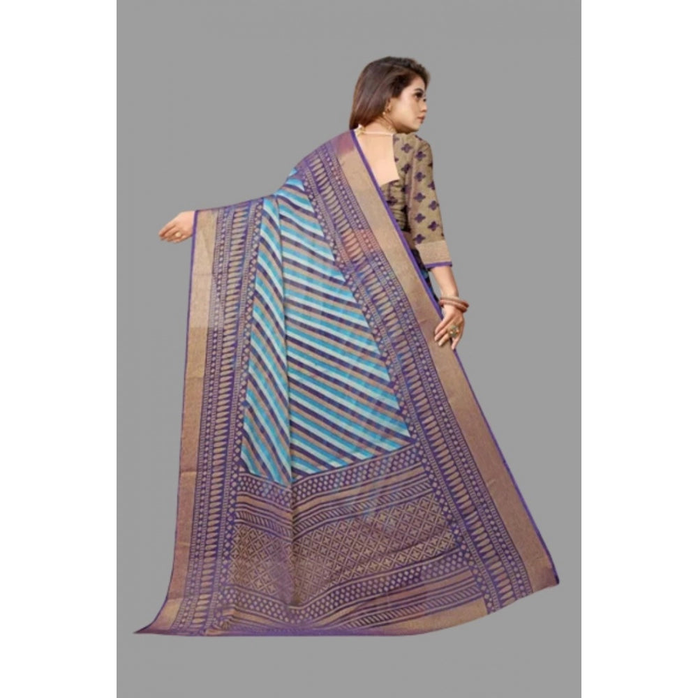 Generic Women's Viscose Rayon Printed Saree With Unstitched Blouse (Navy Blue)