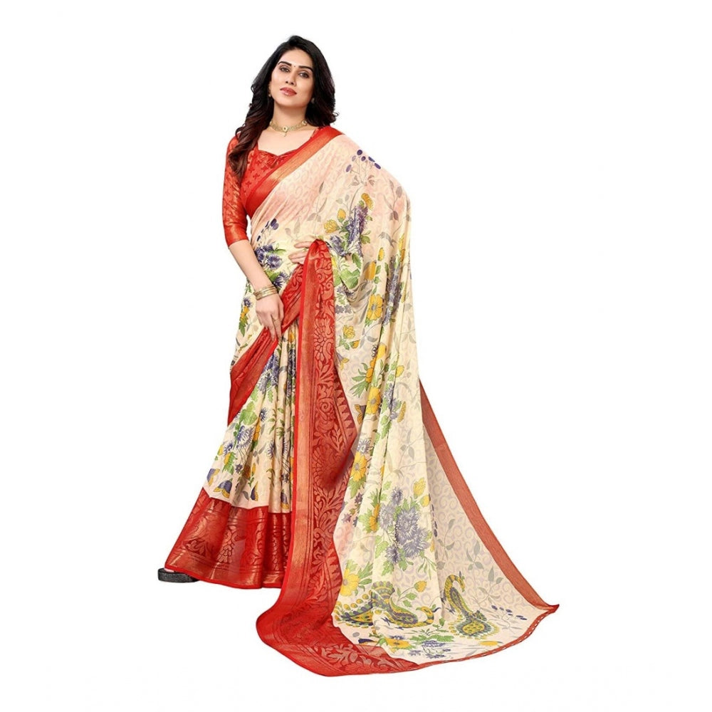 Generic Women's Viscose Rayon Printed Saree With Unstitched Blouse (Red)