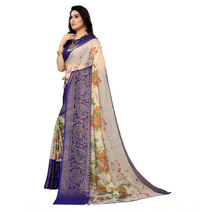 Generic Women's Viscose Rayon Printed Saree With Unstitched Blouse (Blue)