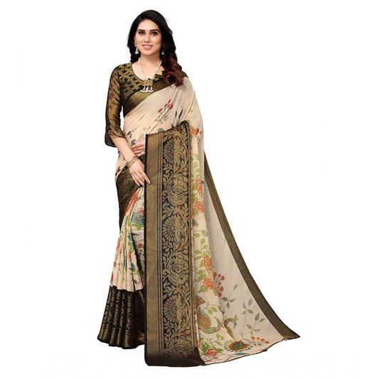 Generic Women's Viscose Rayon Printed Saree With Unstitched Blouse (Black)