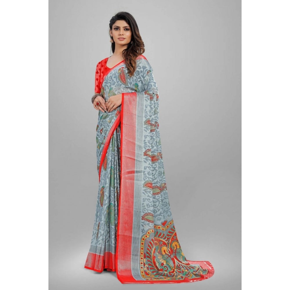 Generic Women's Viscose Rayon Printed Saree With Unstitched Blouse (Grey)