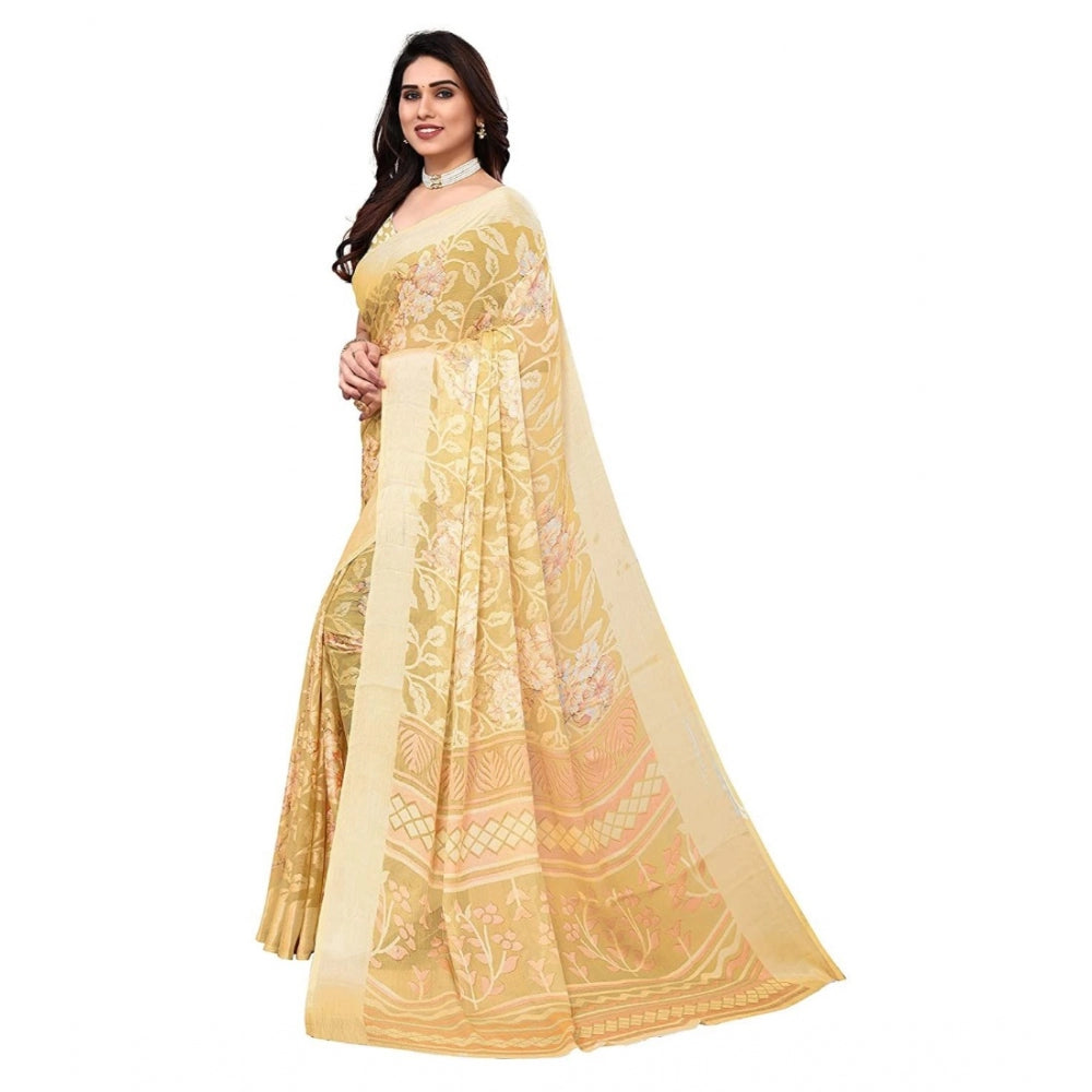 Generic Women's Viscose Rayon Printed Saree With Unstitched Blouse (Yellow)