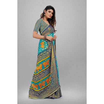 Generic Women's Viscose Rayon Printed Saree With Unstitched Blouse (Sky Blue)