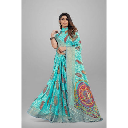 Generic Women's Viscose Rayon Printed Saree With Unstitched Blouse (Sky Blue)