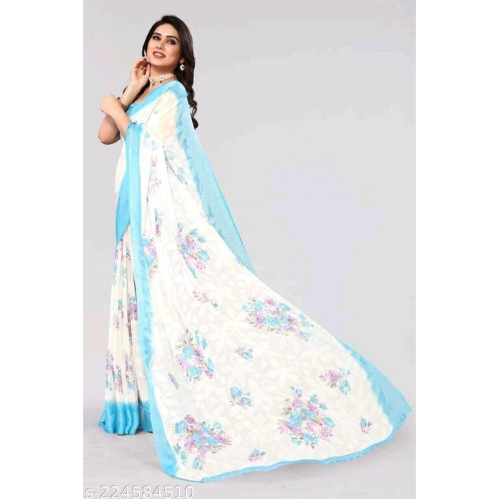 Generic Women's Viscose Rayon Printed Saree With Unstitched Blouse (Sky Blue)