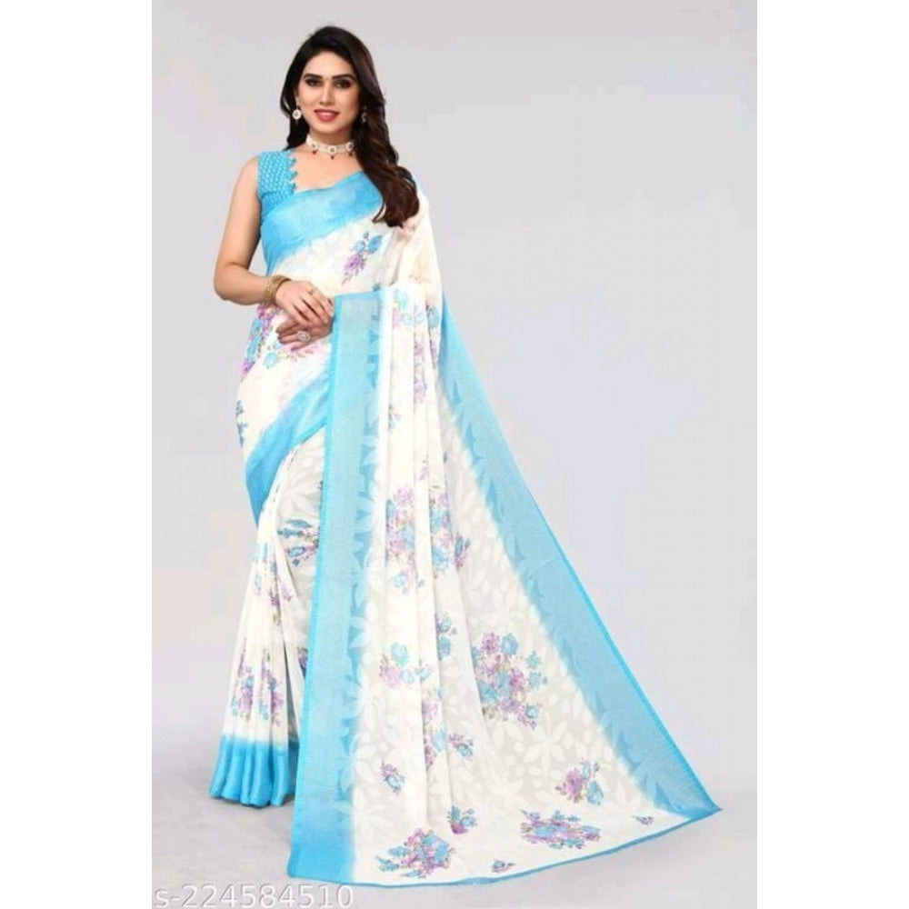 Generic Women's Viscose Rayon Printed Saree With Unstitched Blouse (Sky Blue)