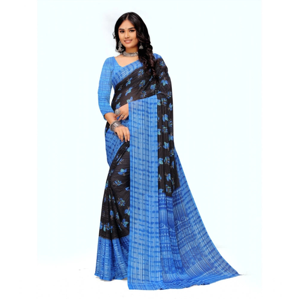 Generic Women's Georgette Printed Saree With Unstitched Blouse (Blue)