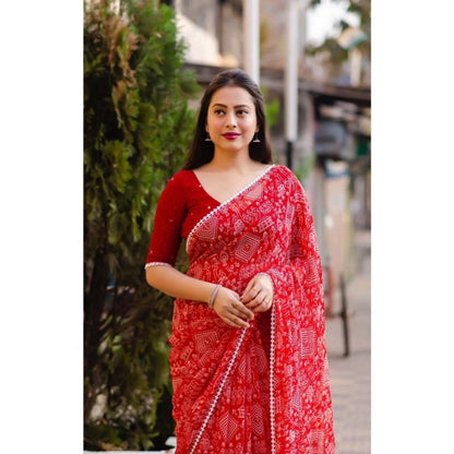 Generic Women's Georgette Printed Saree With Unstitched Blouse (Red)