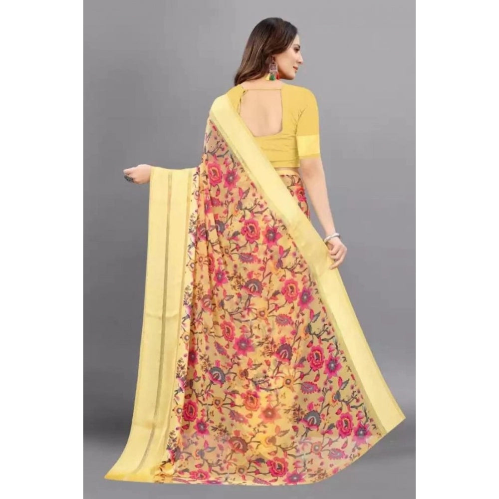 Generic Women's Satin Patta Printed Saree With Unstitched Blouse (Yellow)