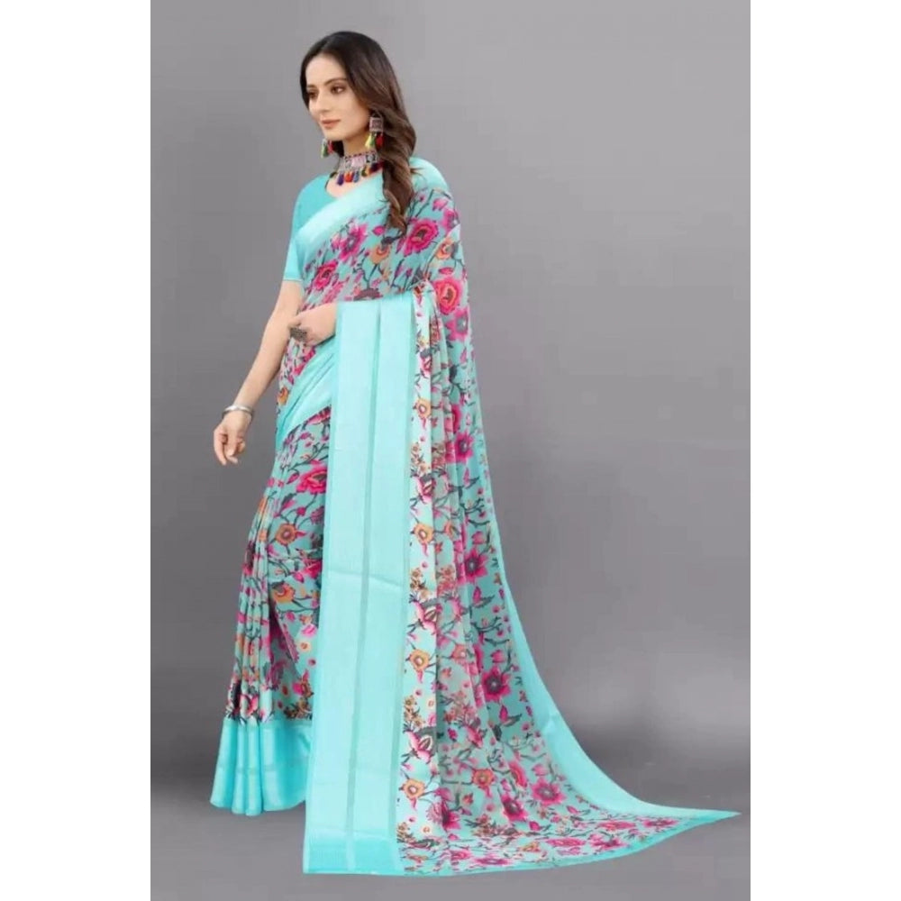 Generic Women's Satin Patta Printed Saree With Unstitched Blouse (Skyblue)