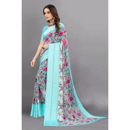 Generic Women's Satin Patta Printed Saree With Unstitched Blouse (Skyblue)