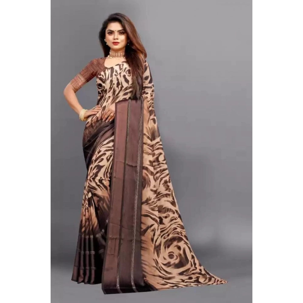 Generic Women's Satin Patta Printed Saree With Unstitched Blouse (Brown)