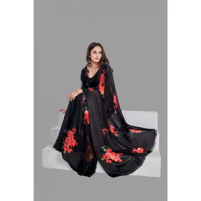 Generic Women's Satin Patta Printed Saree With Unstitched Blouse (Red)