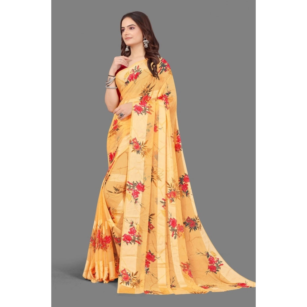 Generic Women's Satin Patta Printed Saree With Unstitched Blouse (Beige)