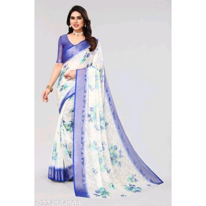 Generic Women's Viscose Rayon Printed Saree With Unstitched Blouse (Blue)