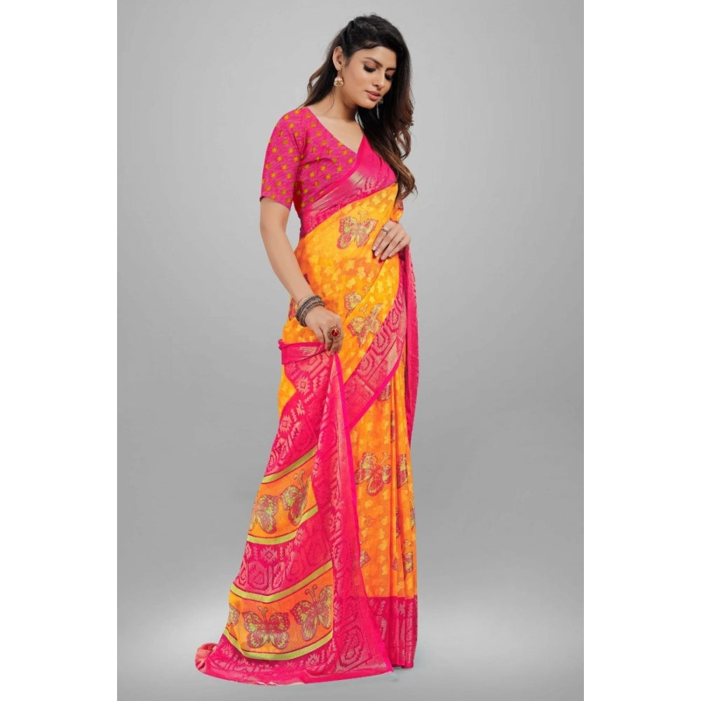 Generic Women's Viscose Rayon Printed Saree With Unstitched Blouse (Yellow)