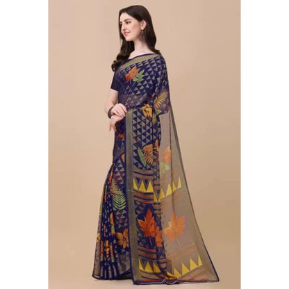 Generic Women's Viscose Rayon Printed Saree With Unstitched Blouse (Navy Blue)