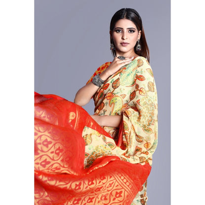 Generic Women's Viscose Rayon Printed Saree With Unstitched Blouse (Red)