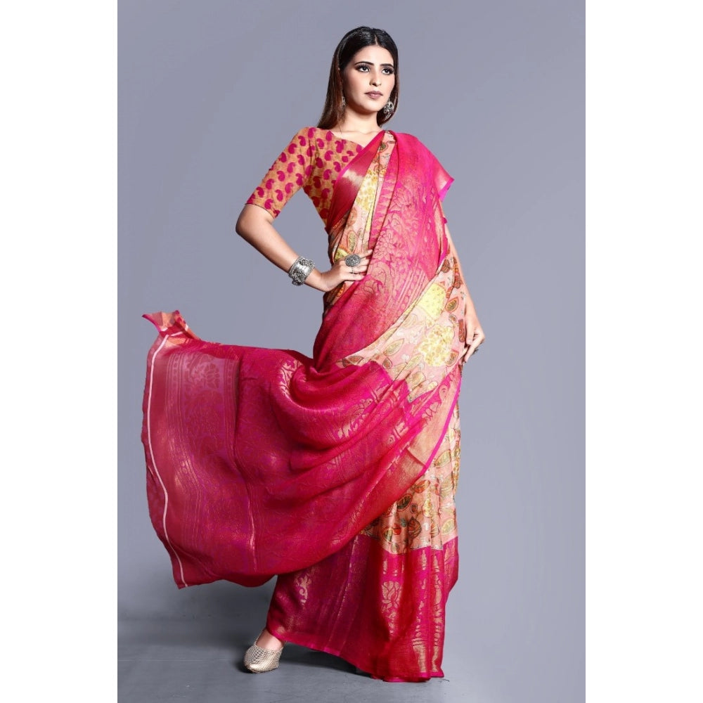 Generic Women's Viscose Rayon Printed Saree With Unstitched Blouse (Pink)