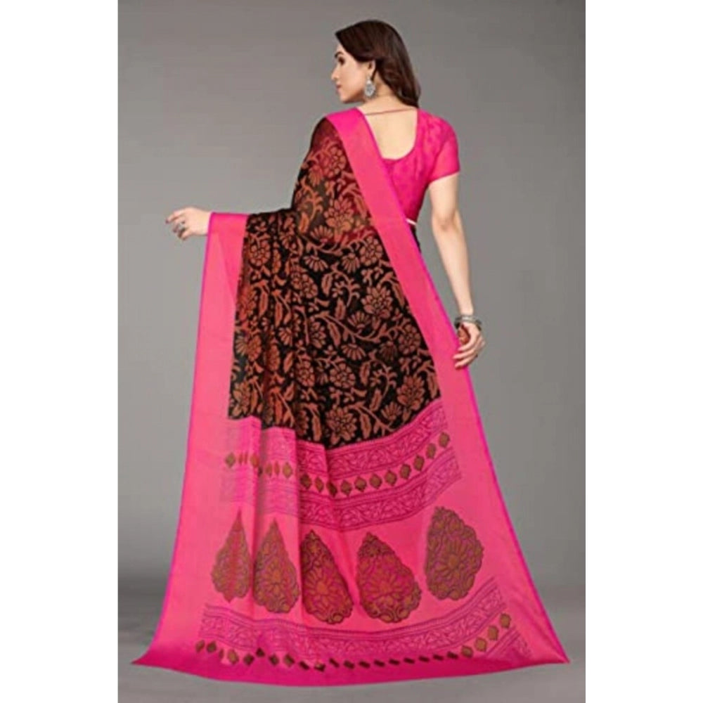 Generic Women's Viscose Rayon Printed Saree With Unstitched Blouse (Black)