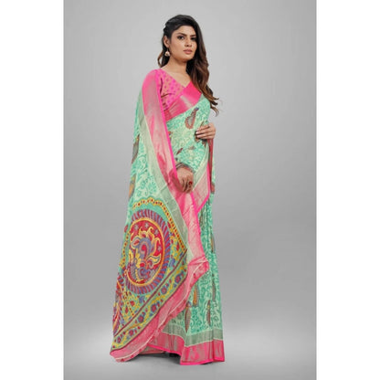 Generic Women's Viscose Rayon Printed Saree With Unstitched Blouse (Teal)