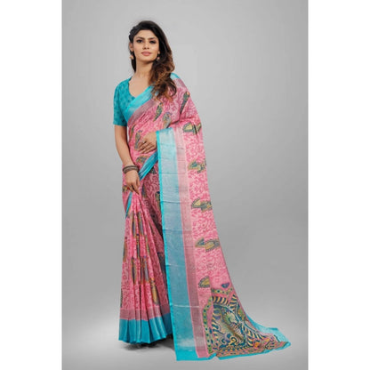 Generic Women's Viscose Rayon Printed Saree With Unstitched Blouse (Pink)