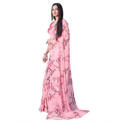 Generic Women's Georgette Printed Saree With Unstitched Blouse (Pink)