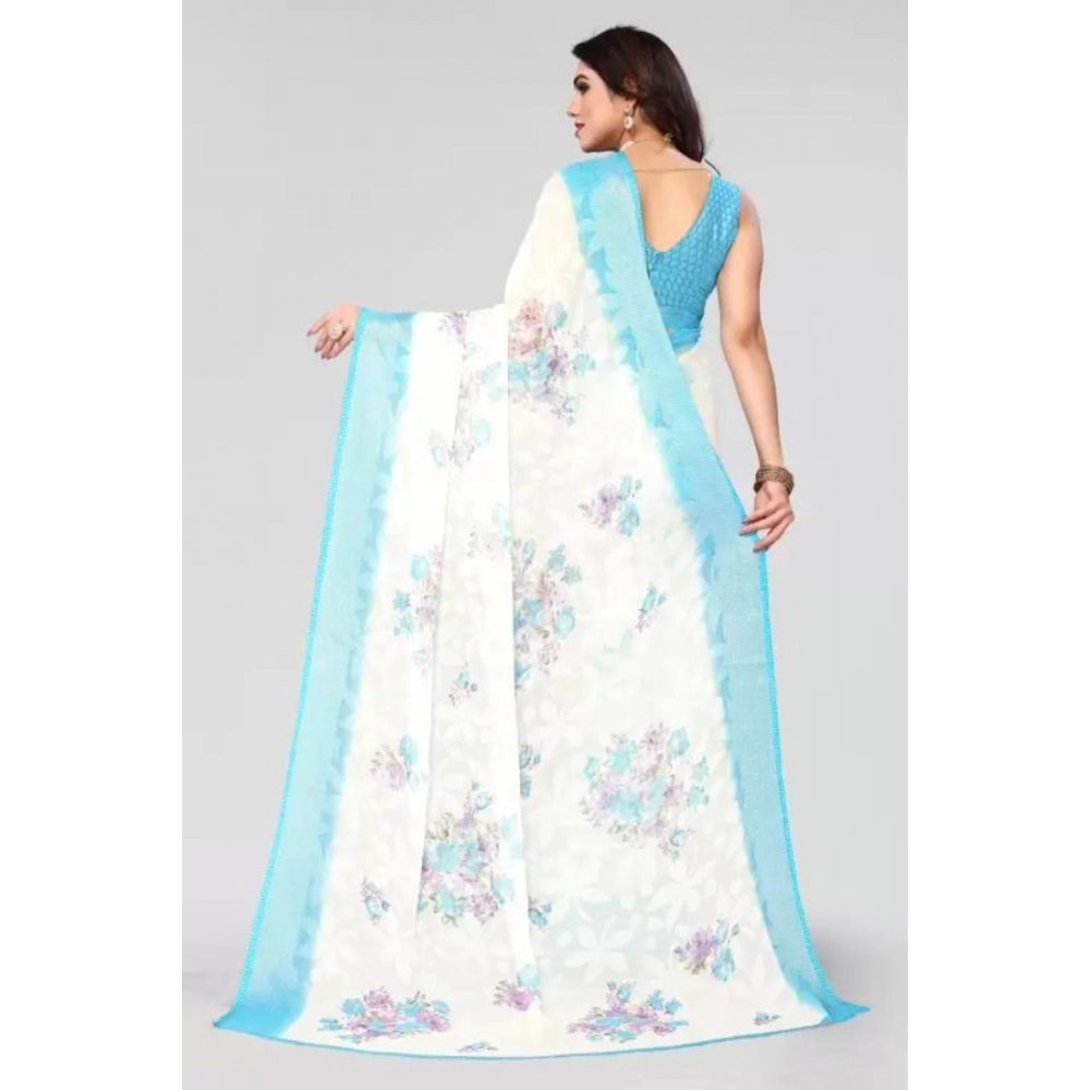 Generic Women's Viscose Rayon Printed Saree With Unstitched Blouse (Sky Blue)