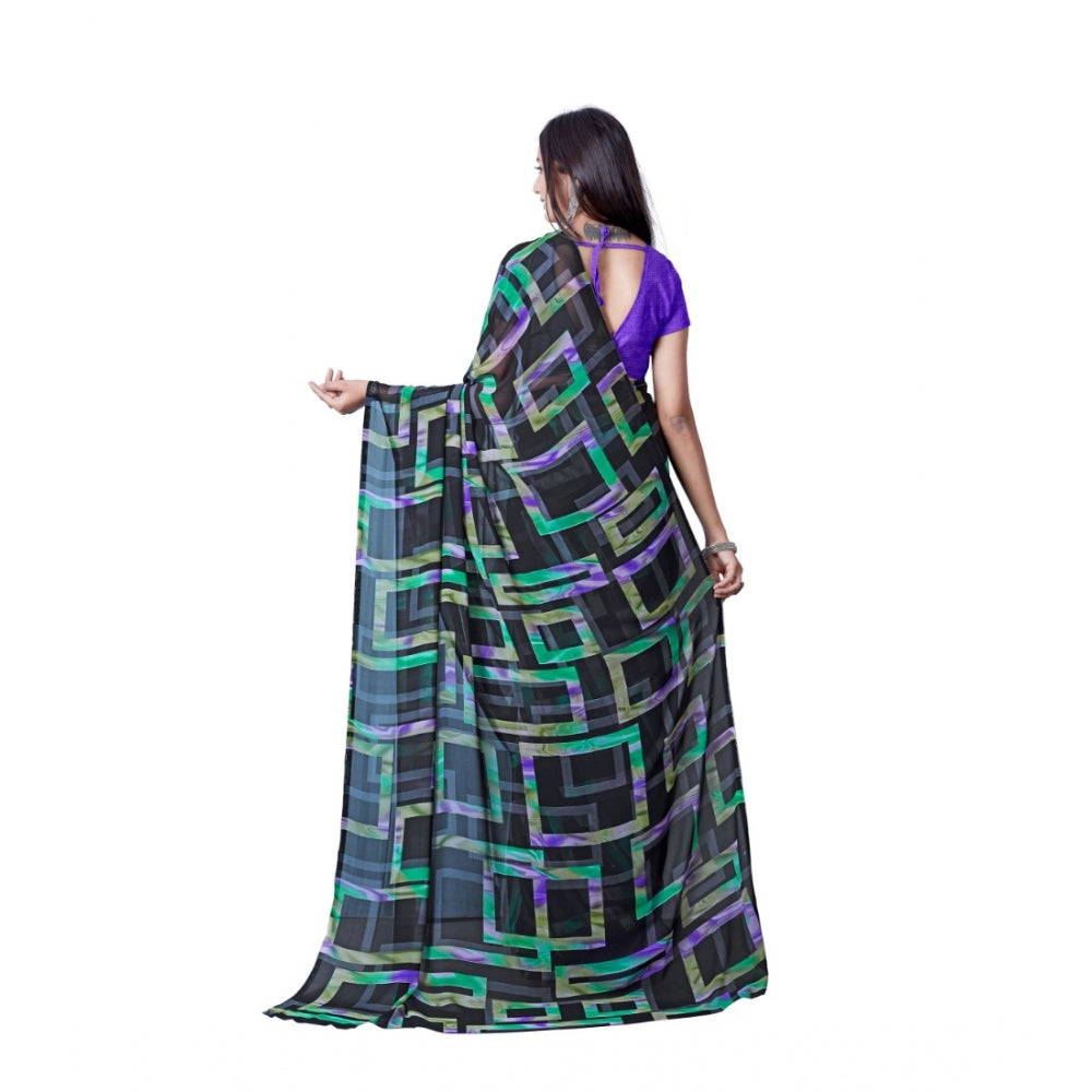 Generic Women's Georgette Printed Saree With Unstitched Blouse (Green)