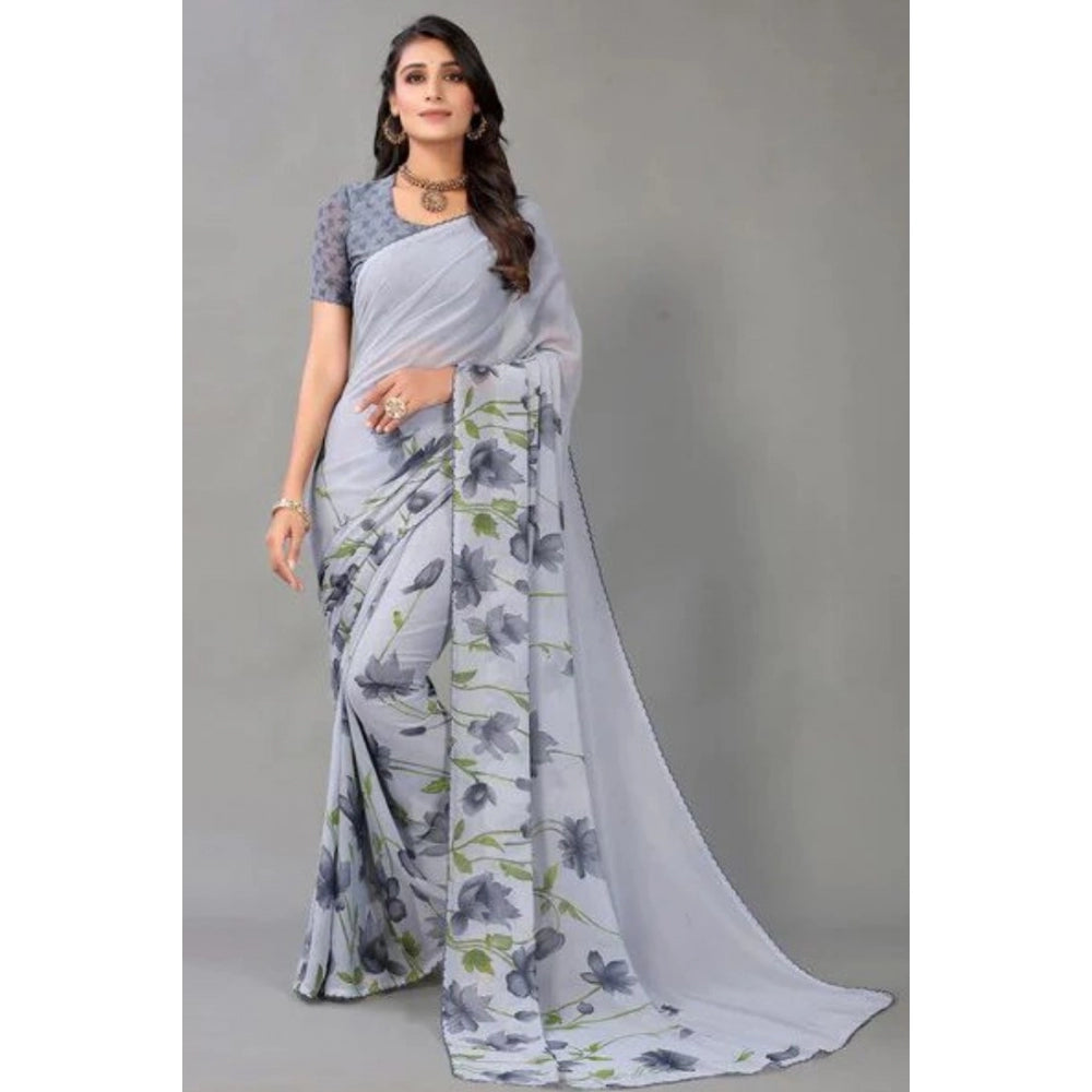 Generic Women's Georgette Printed Saree With Unstitched Blouse (Grey)